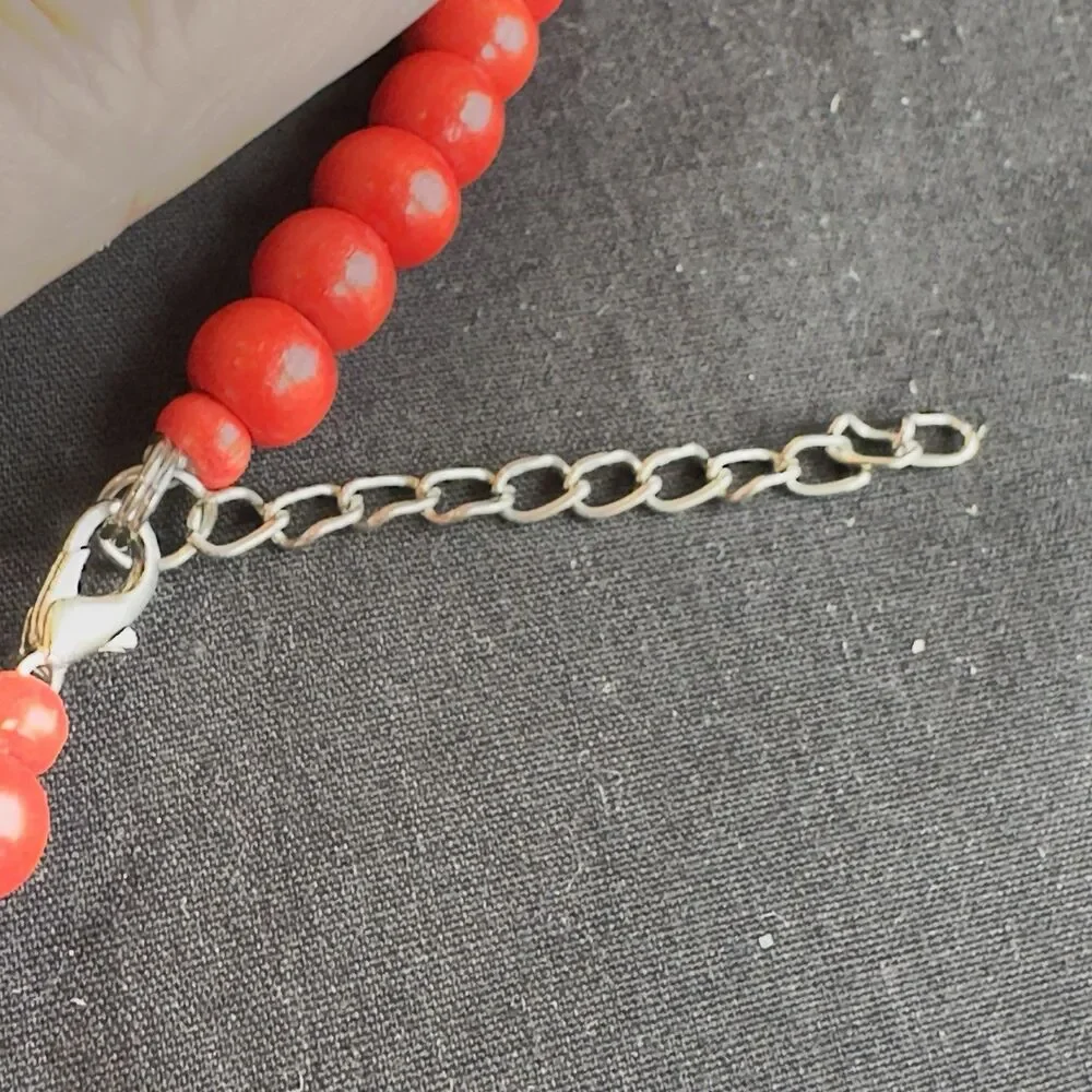 Necklace w Matching Earrings Fashion Set Statement Chunky Red Light Wooden Bead